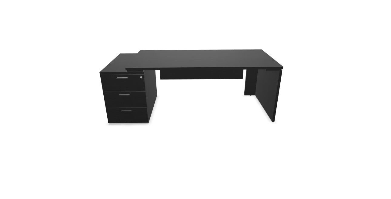 Kara Executive Desk from EOL featuring a large rectangular work surface with an integrated 3-drawer locking pedestal for secure filing and storage on the left side, ideal for a contemporary professional office. Black wood.