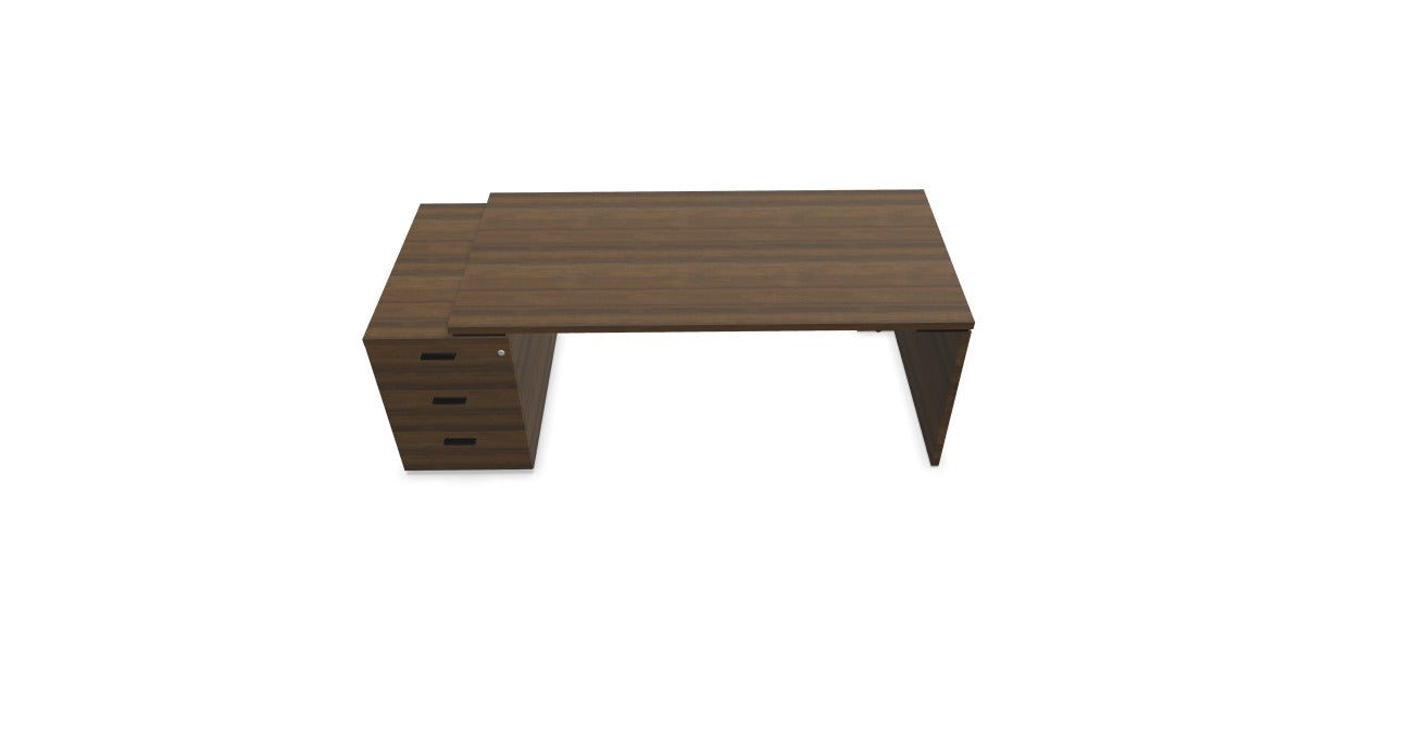 Kara Executive Desk from EOL featuring a large rectangular work surface with an integrated 3-drawer locking pedestal for secure filing and storage on the left side, ideal for a contemporary professional office. Dark walnut.
