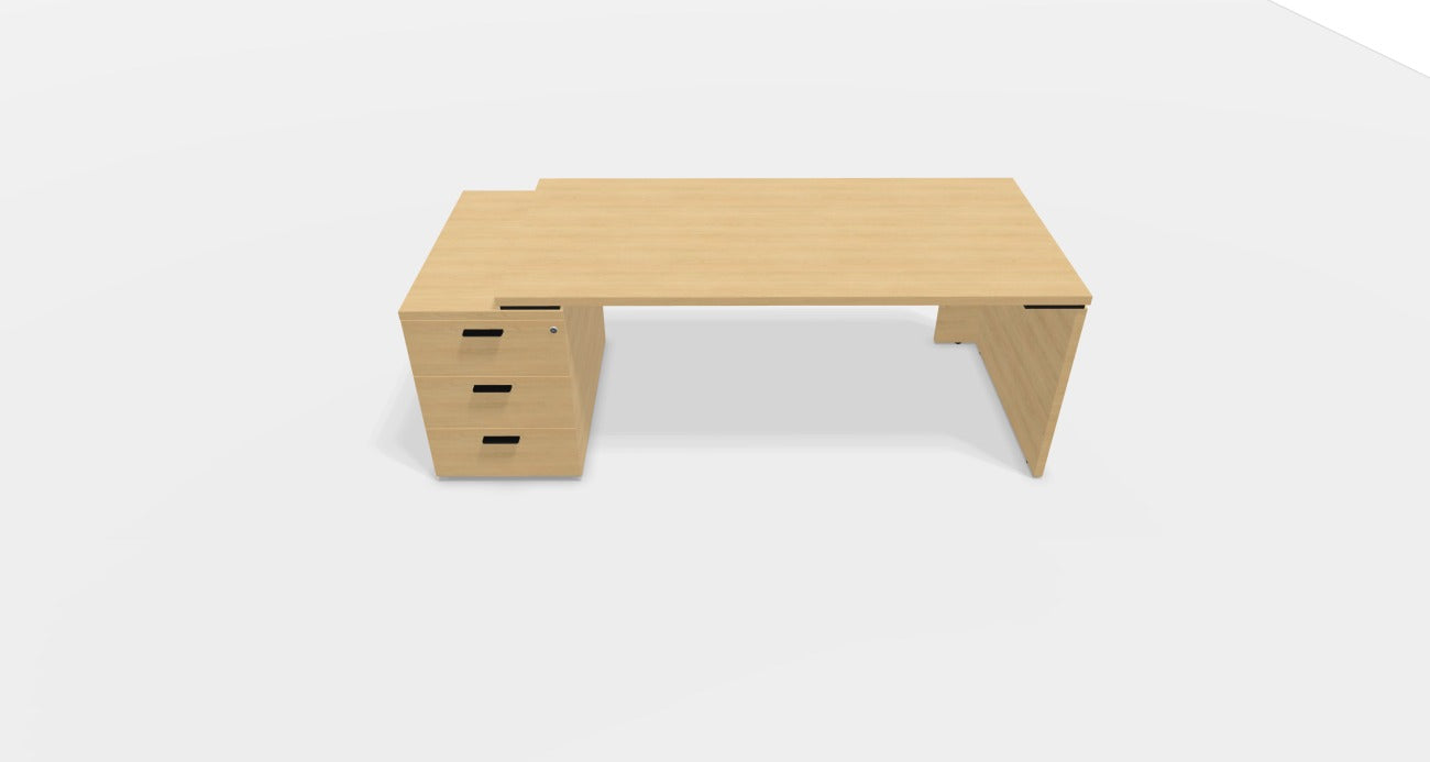 Kara Executive Desk from EOL featuring a large rectangular work surface with an integrated 3-drawer locking pedestal for secure filing and storage on the left side, ideal for a contemporary professional office. Natural oak