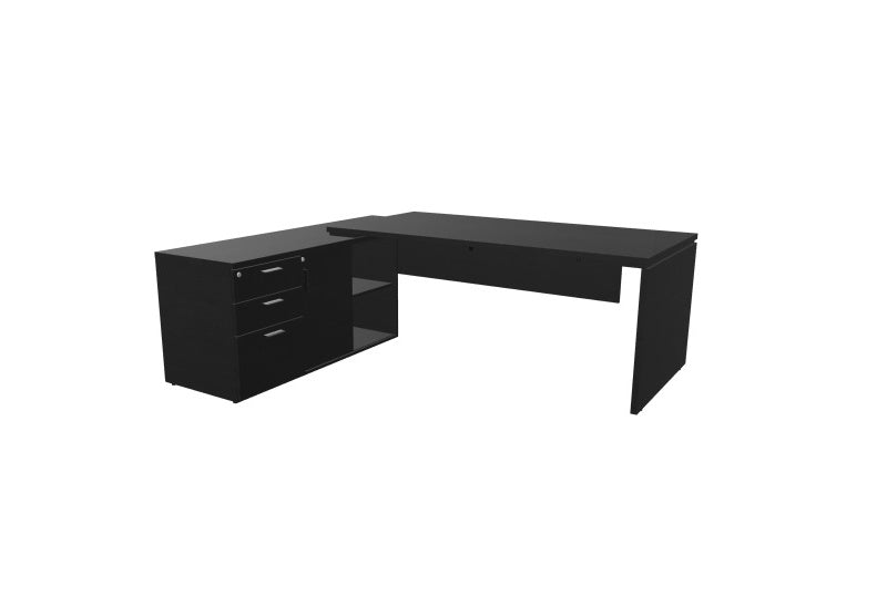 Kara Executive Desk from EOL featuring an integrated left side storage unit and a large work surface, creating a complete and highly organized L-shaped professional workstation. Black wood.