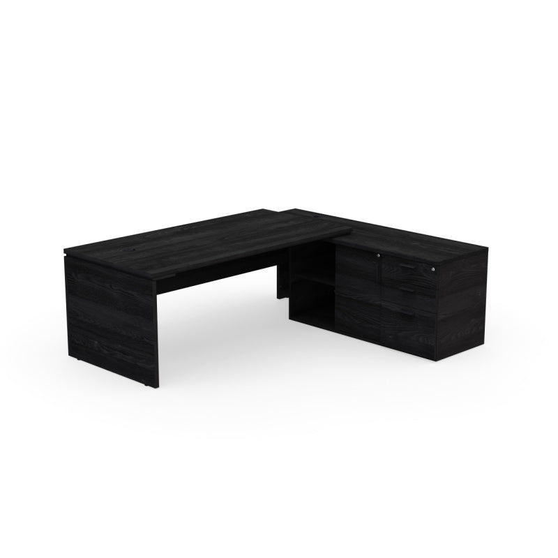 Kara Executive Desk from EOL featuring an integrated right side storage unit and a large work surface, creating a complete and highly organized L-shaped professional workstation. Black wood. 