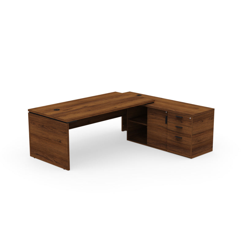 Kara Executive Desk from EOL featuring an integrated right side storage unit and a large work surface, creating a complete and highly organized L-shaped professional workstation. Dark walnut.