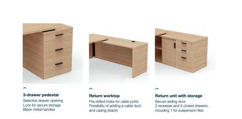 Kara Executive Desk from EOL featuring an integrated side storage unit and a large work surface, creating a complete and highly organized L-shaped professional workstation. Features.
