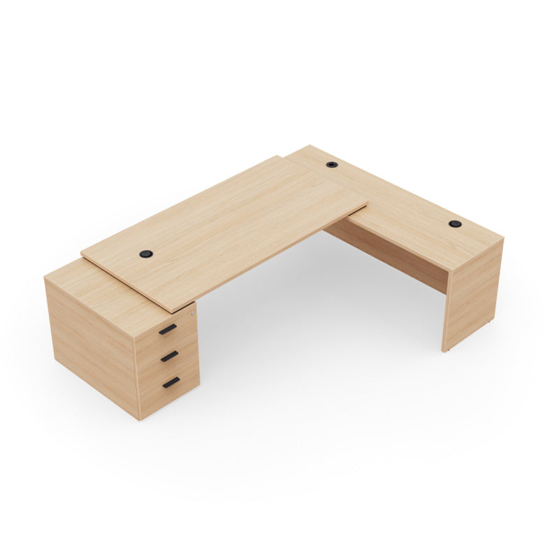 Kara Executive L-Shaped Desk (180x90 cm) with 3-drawer locking pedestal, extended return panel, and integrated power/USB cable management, available in various wood finishes. Arial view.