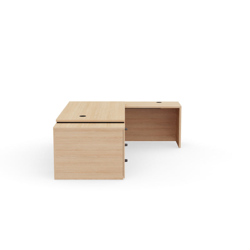 Kara Executive L-Shaped Desk (180x90 cm) with 3-drawer locking pedestal, extended return panel, and integrated power/USB cable management, available in various wood finishes. Side view 