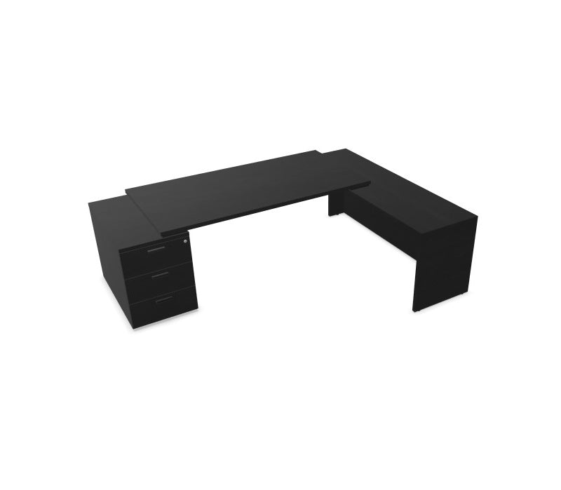 Kara Executive L-Shaped Desk (180x90 cm) with 3-drawer locking pedestal, extended return panel on the right side, and integrated power/USB cable management, available in various wood finishes. Black wood.