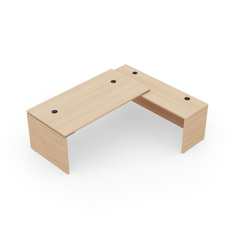 Kara Executive L-Shaped Desk (180x90 cm) with extended return panel, featuring durable melamine construction and superior integrated power/USB cable management for a streamlined professional office. Arial view.