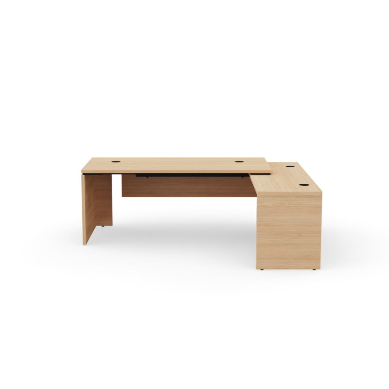 Kara Executive L-Shaped Desk (180x90 cm) with extended return panel, featuring durable melamine construction and superior integrated power/USB cable management for a streamlined professional office. Back side view.