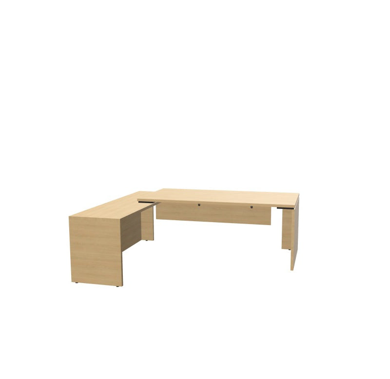 Kara Executive L-Shaped Desk (180x90 cm) with extended return panel on the left side, featuring durable melamine construction and superior integrated power/USB cable management for a streamlined professional office. Natural oak.