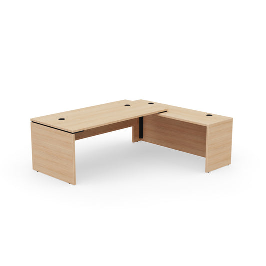 Kara Executive L-Shaped Desk (180x90 cm) with extended return panel on the right side, featuring durable melamine construction and superior integrated power/USB cable management for a streamlined professional office. Natural oak