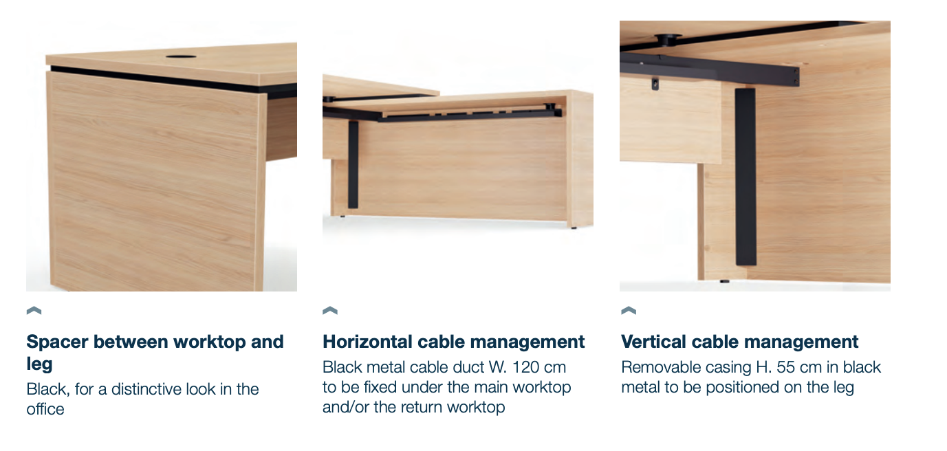 Kara Executive Desk from EOL featuring a clean, rectangular work surface (180x90 cm assumed) and integrated cable management, offering a spacious and sophisticated setup for the modern office. Cable management features.