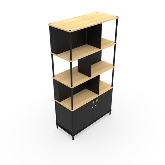 Karl Bookcase from EOL, measuring 100 cm tall and featuring a compact design with multiple shelves, suitable for versatile storage and display in an office or living area black melamine corner view