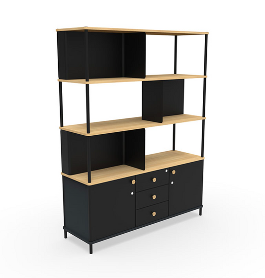 Karl Bookcase from EOL, measuring 141 cm tall and featuring a modern design with open shelving, perfect for displaying books and decor in the living room or office black melamine corner view