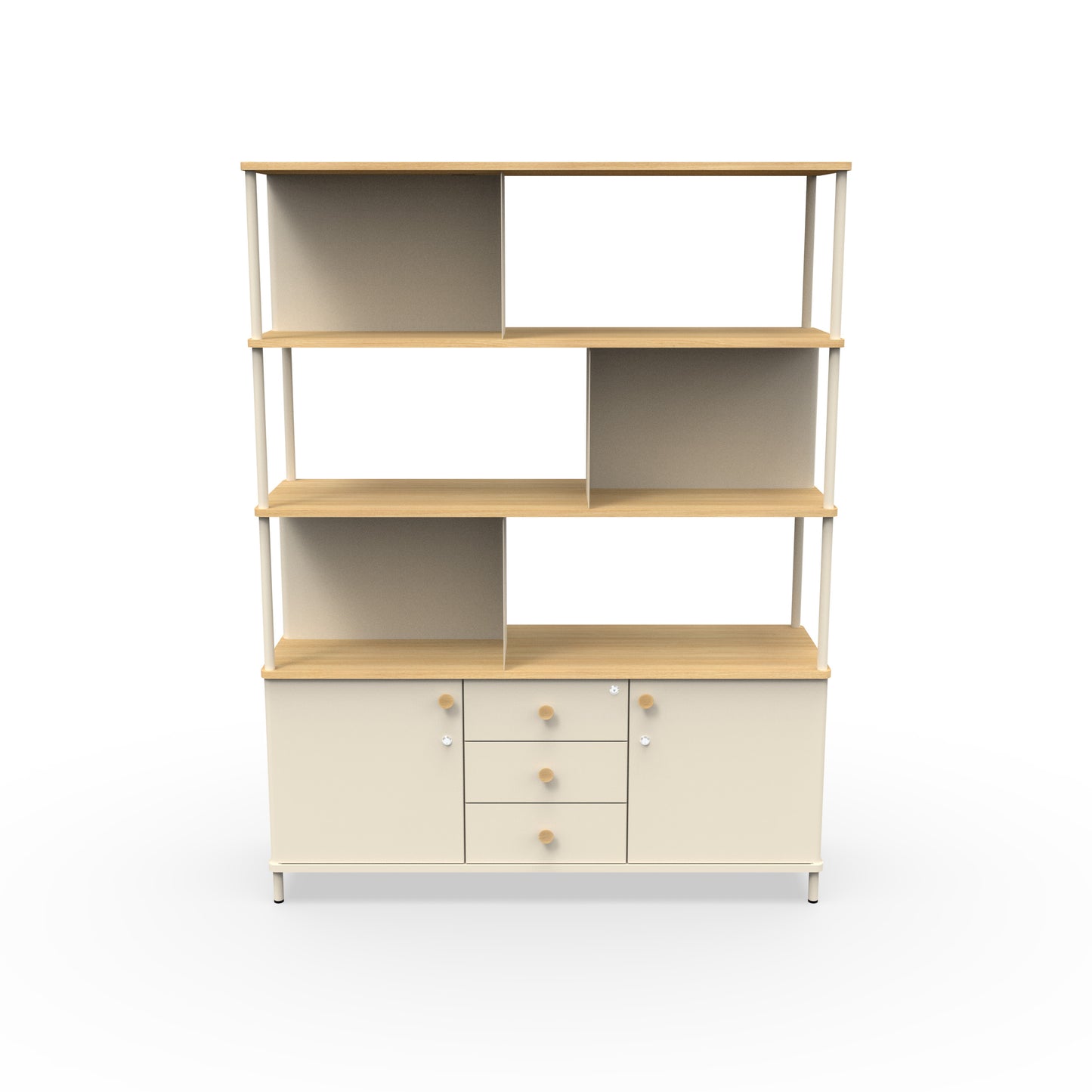 Karl Bookcase from EOL, measuring 141 cm tall and featuring a modern design with open shelving, perfect for displaying books and decor in the living room or office drawers linen melamine face view 