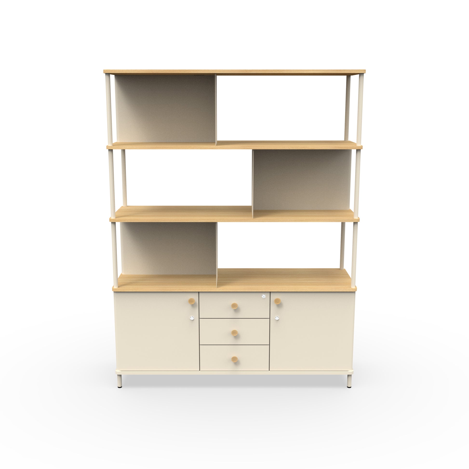 Karl Bookcase from EOL, measuring 141 cm tall and featuring a modern design with open shelving, perfect for displaying books and decor in the living room or office drawers linen melamine face view 