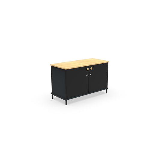 Karl Credenza from EOL, measuring 100 cm wide and featuring compact hidden storage behind cabinet doors, perfect as a small office sideboard or versatile console cabinet. Black cabinet with a melamine wood top 