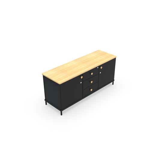 Karl Credenza from EOL, measuring 141 cm wide and featuring hidden storage behind cabinet doors, ideal as an executive sideboard or stylish storage unit in the office or living room top melamine and black