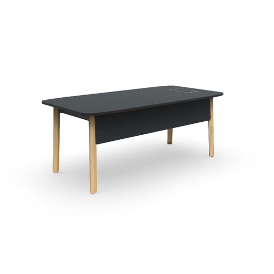 Karl Executive Desk from EOL, featuring durable solid oak legs, a choice of elegant desktop finishes and sizes, and integrated cable organization for a sophisticated, executive office setup black