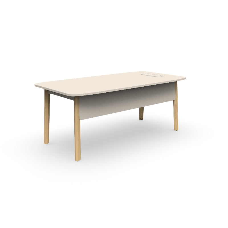 Karl Executive Desk from EOL, featuring durable solid oak legs, a choice of elegant desktop finishes and sizes, and integrated cable organization for a sophisticated, executive office setup linen