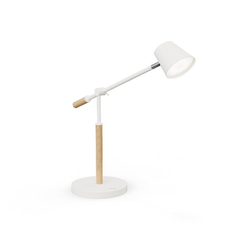 Lampe de bureau LED Aura blanche en acier et bois avec bras orientable et port USB.