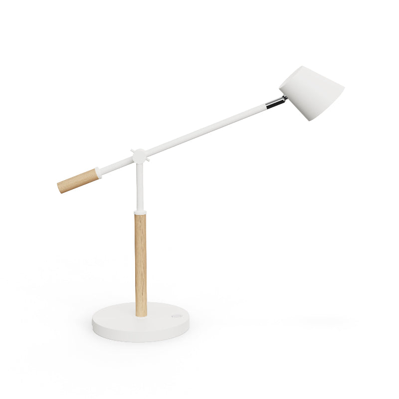 Lampe de bureau LED Aura blanche en acier et bois avec bras orientable et port USB. Vue de cote