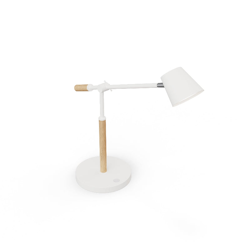 Lampe de bureau LED Aura blanche en acier et bois avec bras orientable et port USB. Vue de haut