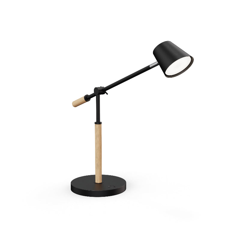 Lampe de bureau LED Aura noire en acier et bois avec bras orientable et port USB.