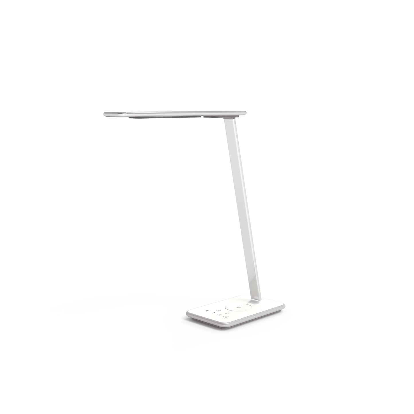 Lampe de bureau LED OL02 blanche avec bras flexible et socle intégrant un chargeur sans fil par induction pour smartphone.