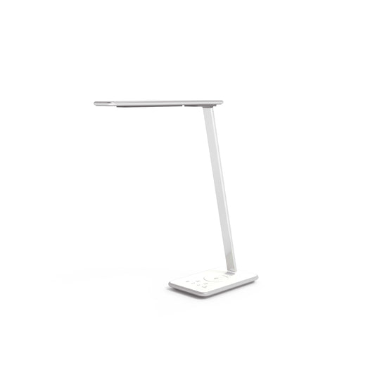 Lampe de bureau LED OL02 blanche avec bras flexible et socle intégrant un chargeur sans fil par induction pour smartphone.