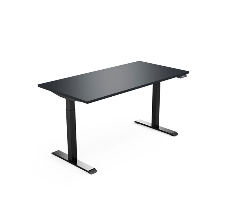 Lutz 2 Electric Sit-Stand Desk from EOL featuring smooth, adjustable height functionality and sturdy black metal legs, promoting ergonomic health in the modern office black top