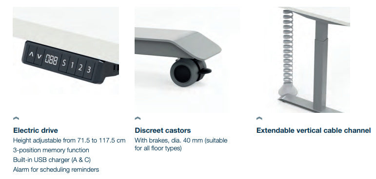 Lutz 2 Electric Sit-Stand Desk from EOL featuring smooth, adjustable height functionality and sturdy black metal legs, promoting ergonomic health in the modern office, discreet casters, and extendable vertical cable channel on a white background.on a white background.