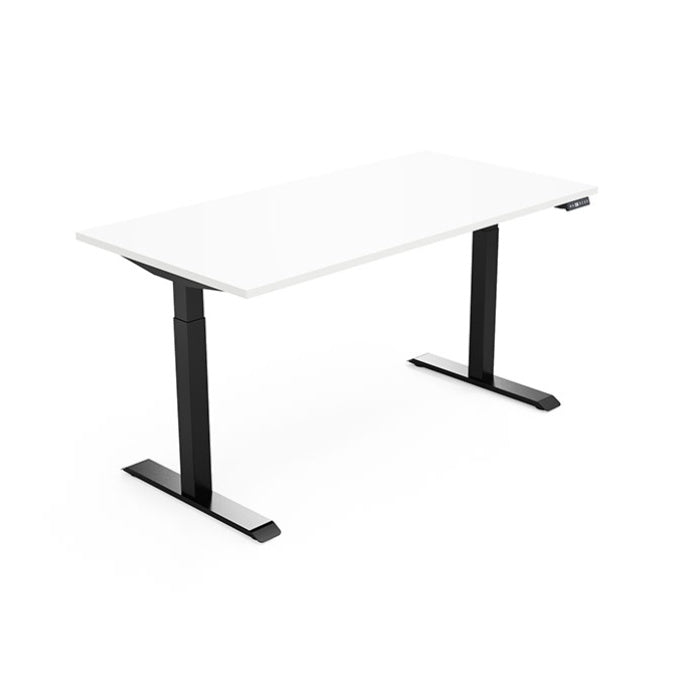 Lutz 2 Electric Sit-Stand Desk from EOL featuring smooth, adjustable height functionality and sturdy black metal legs, promoting ergonomic health in the modern office white top