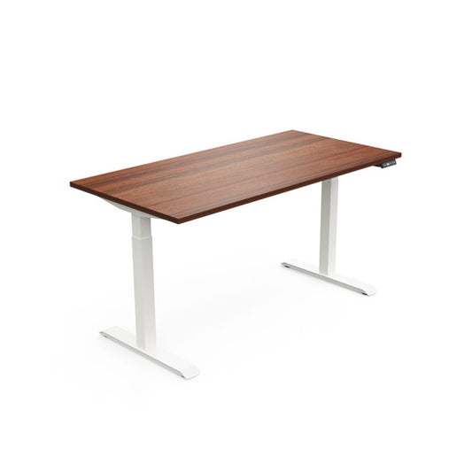 Lutz 2 Electric Sit-Stand Desk from EOL featuring smooth, adjustable height functionality and sturdy white metal legs, ideal for a bright, modern, ergonomic office space dark walnut top 