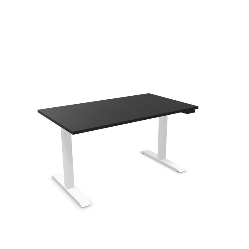 Lutz 2 Electric Sit-Stand Desk from EOL featuring smooth, adjustable height functionality and sturdy white metal legs, ideal for a bright, modern, ergonomic office space black top