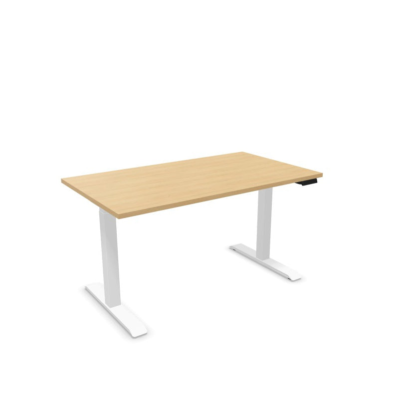 Lutz 2 Electric Sit-Stand Desk from EOL featuring smooth, adjustable height functionality and sturdy white metal legs, ideal for a bright, modern, ergonomic office space natural oak top