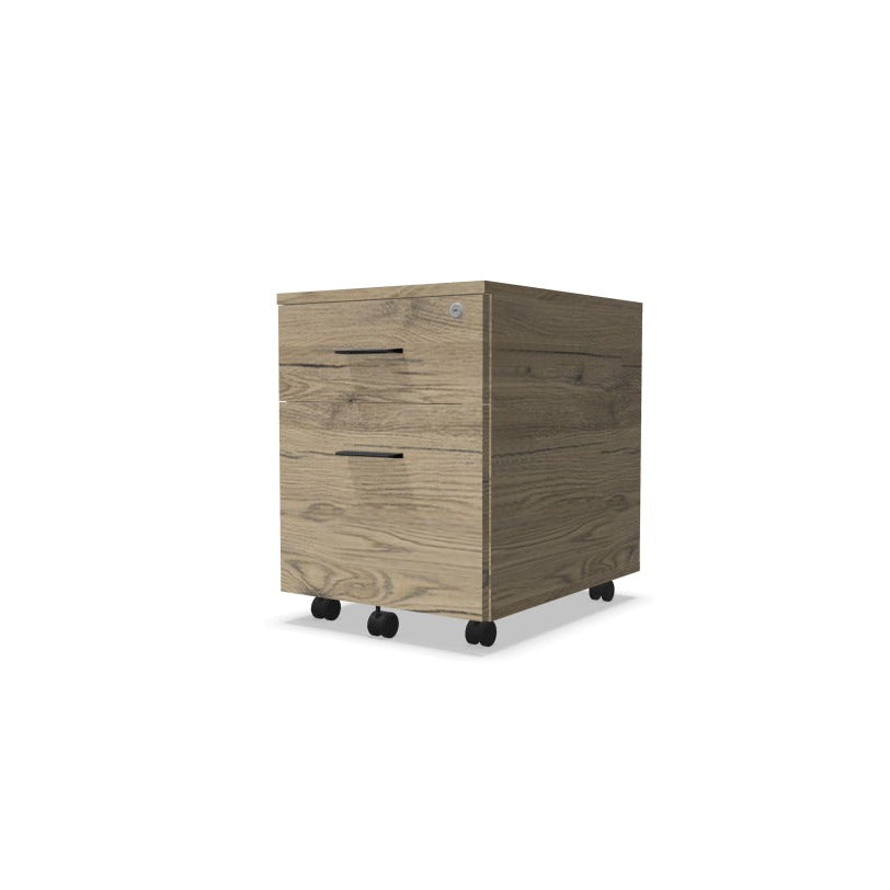 Melina Mobile Pedestal from EOL with one box drawer and one shallow filing drawer, featuring lockable storage and customizable Black or White handles for modern office organization brunswick oak with black handles