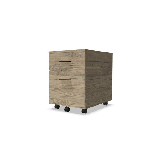 Melina Mobile Pedestal from EOL with one box drawer and one shallow filing drawer, featuring lockable storage and customizable Black or White handles for modern office organization brunswick oak with black handles