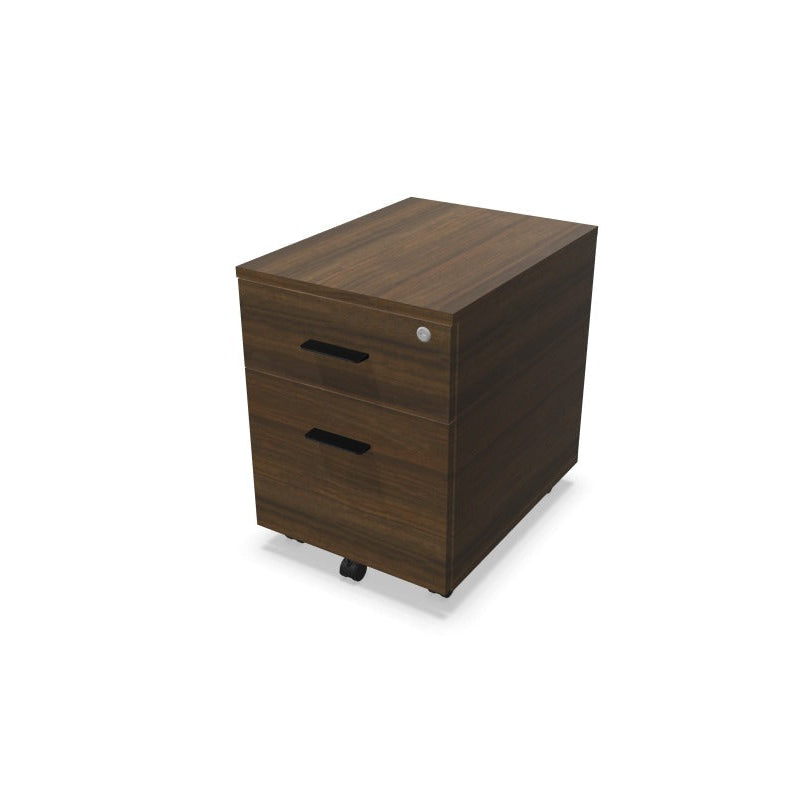 Melina Mobile Pedestal from EOL with one box drawer and one shallow filing drawer, featuring lockable storage and customizable Black or White handles for modern office organization dark walnut with black handles
