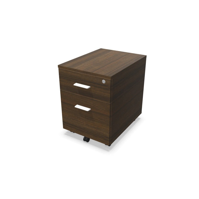 Melina Mobile Pedestal from EOL with one box drawer and one shallow filing drawer, featuring lockable storage and customizable Black or White handles for modern office organization dark walnut with white handles