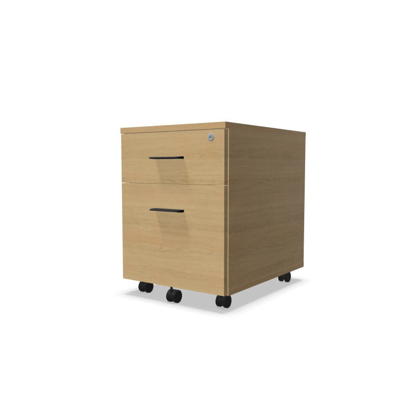 Melina Mobile Pedestal from EOL with one box drawer and one shallow filing drawer, featuring lockable storage and customizable Black or White handles for modern office organization natural oak with black handles 