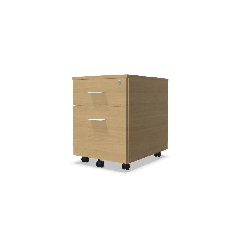 Melina Mobile Pedestal from EOL with one box drawer and one shallow filing drawer, featuring lockable storage and customizable Black or White handles for modern office organization natural oak with white handles