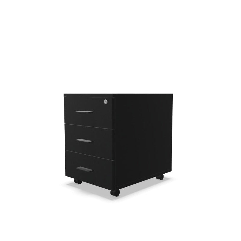 Melina Mobile Pedestal from EOL with three lockable drawers and file storage, featuring a durable construction and customizable handle colors (Black or White) for personalized office design black with black handles.