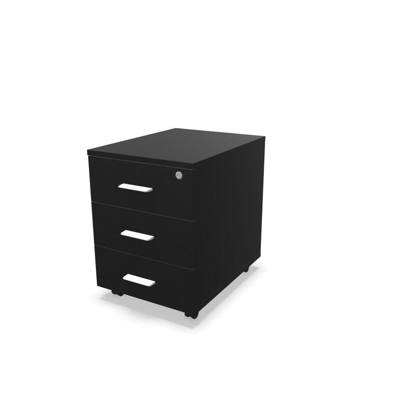 Melina Mobile Pedestal from EOL with three lockable drawers and file storage, featuring a durable construction and customizable handle colors (Black or White) for personalized office design black with white handles.