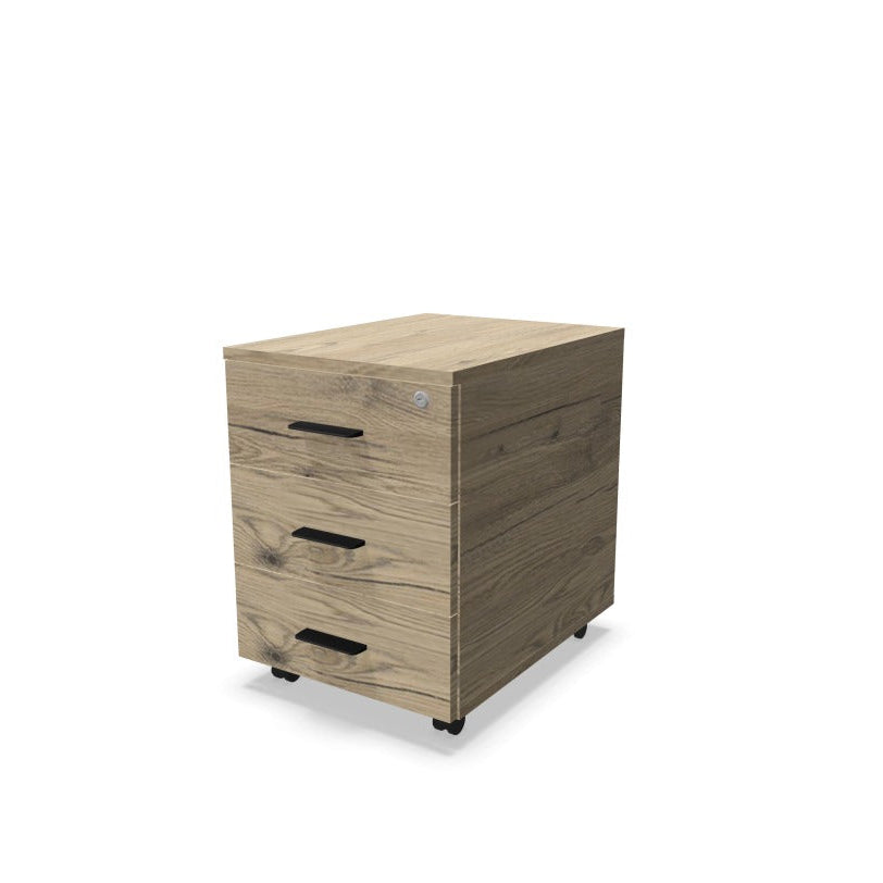 Melina Mobile Pedestal from EOL with three lockable drawers and file storage, featuring a durable construction and customizable handle colors (Black or White) for personalized office design. Brunswick oak and black handles