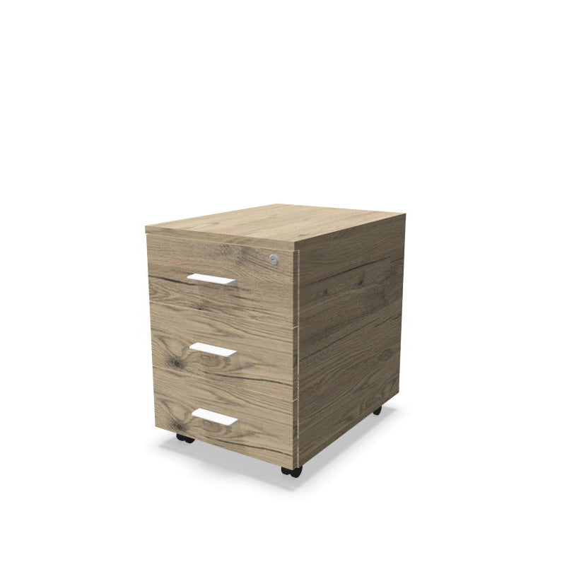Melina Mobile Pedestal from EOL with three lockable drawers and file storage, featuring a durable construction and customizable handle colors (Black or White) for personalized office design brunswick oak with white handles