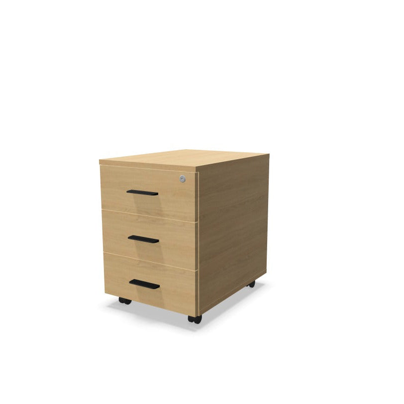 Melina Mobile Pedestal from EOL with three lockable drawers and file storage, featuring a durable construction and customizable handle colors (Black or White) for personalized office design natural oak with black handles. 
