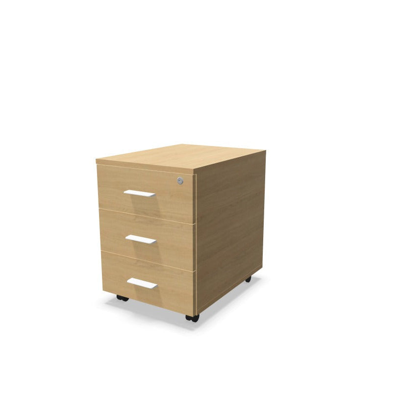 Melina Mobile Pedestal from EOL with three lockable drawers and file storage, featuring a durable construction and customizable handle colors (Black or White) for personalized office design natural oak with white handles.