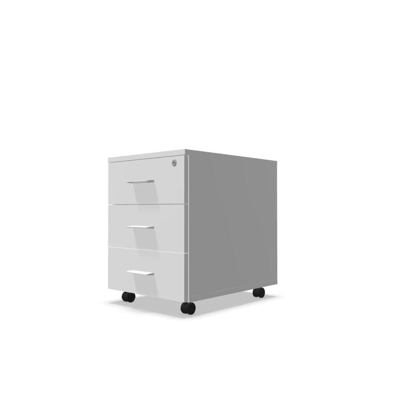Melina Mobile Pedestal from EOL with three lockable drawers and file storage, featuring a durable construction and customizable handle colors (Black or White) for personalized office design white with white handles. 