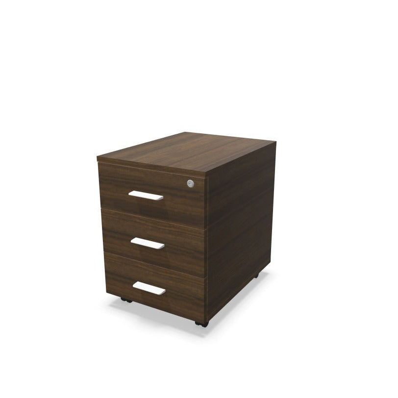Melina Mobile Pedestal from EOL with three lockable drawers and file storage, featuring a durable construction and customizable handle colors (Black or White) for personalized office design dark walnut and white handles. 