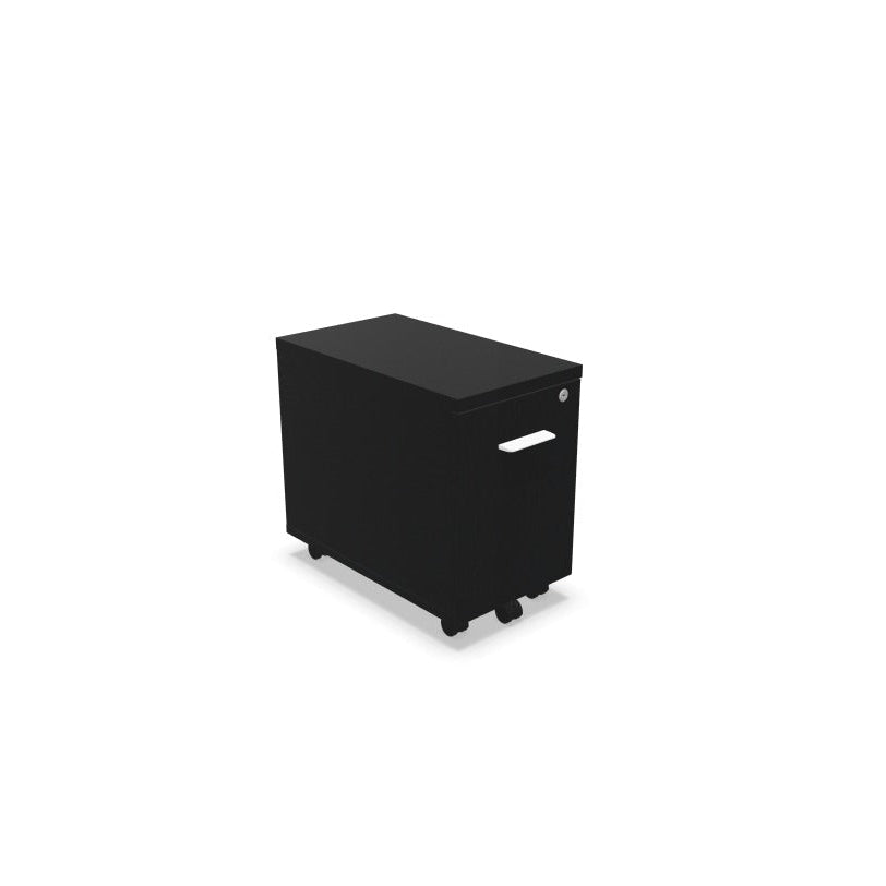 Melina Compact Mobile Pedestal from EOL with one lockable box drawer, featuring small dimensions, casters, and customizable Black or White handles for discreet under-desk storage black with a white handle